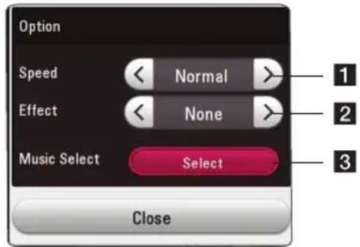 Option Speed < Normal > 1 Effect < None > 2 Music Select Select 3 Close