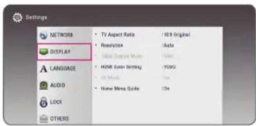 Settings NETWORKS DISPLAY LANGUAGE AUDIO LOCK OTHERS • TV Aspect Ratio : 10.9 Original • Resolution : Auto • Live Scene Mode: None • HTML Color Setting : YOGO • OK Mode : On • Home Maps Guide : On
