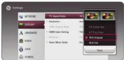 Settings NETWORK DISPLAY LANGUAGE AUDIO LOCK OTHERS TV Aspect Ratio Resolution 1000x Display Mode HDMI Color Setting 300 MHz Home Menu Guide 4:3 Letter Box 4:3 Fun Box 16:9 Original 16:9 Full Close