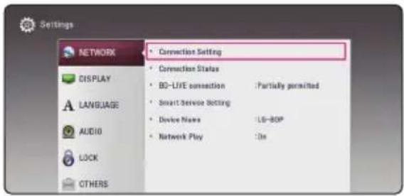 Settings NETWORK DISPLAY LANGUAGE AUDIO LOCK OTHERS • Connection Setting • Connection Status • BD-LIFE connection Partially permitted • Smart Service Botting • Device Name LG-BOP • Network Play On