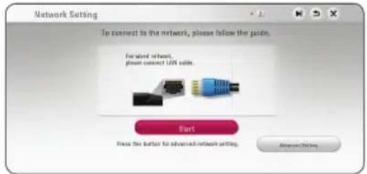 Network Setting To connect to the network, please follow the guide. Forward network, power connect LAN side. Start Press this button for advanced network setting. Advanced Setting