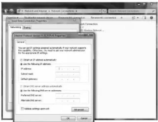 Network and Internet Network Connections Search Network Connections Local Area Connection Properties Networking Sharing Network Connection 2.0 IP Wireless Network... Internet Protocol Version 4 (ICP/PSV4) Properties General You can get IP settings assigned automatically if your network supports this capability. Otherwise, you need to ask your network administrator for the appropriate IP settings. ○ Obtain an IP address automatically ● Use the following IP address: IP address: 1 . . . Submit key: . . . Default gateway: . . . ○ Other ONS server address automatically ● Use the following ONS server addresses: Preferred ONS server: . . . Alternate ONS server: . . . ○ Validate settings upon exit Advanced... OK Cancel