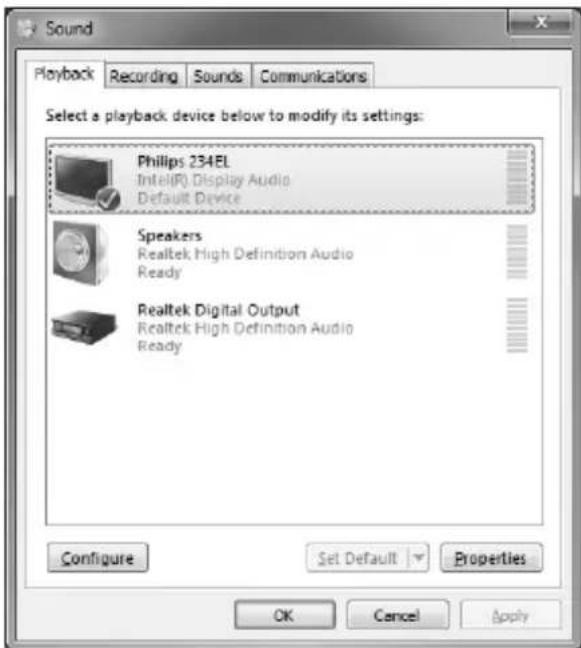 Sound Playback Recording Sounds Communications Select a playback device below to modify its settings: Philips 234EL Intel® Display Audio Default Device Speakers Realtek High Definition Audio Ready Realtek Digital Output Realtek High Definition Audio Ready Configure Set Default Properties OK Cancel Apply