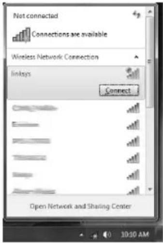 Not connected Connections are available Wireless Network Connection linksys Connect Open Network and Sharing Center