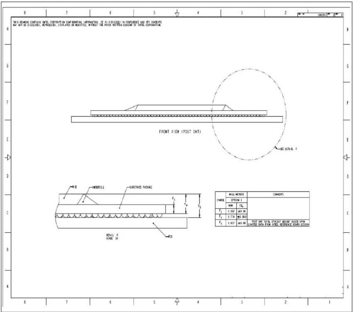 THIS FRAMING CONTAINS INTEL CORPORATION CONFIDENTIAL INFORMATION. IT IS DISCLOSED IN CONFIDENCE AND SETT CONTENTS NAT NOT BE DISCLOSED, REPRODUCED, SLITPLATED OR MODIFIED, WITHOUT THE PICK WRITTEN CONSOR OF INTEL CORPORATION. FRONT VIEW (POST SMT) SEE DETAIL F INDERILL SUBSTRATE POUCH DETAIL F SCALE 30 PCB H G F E D C B A 8 7 6 5 4 3 2 1 00291 2 6 H G F F E D C B A