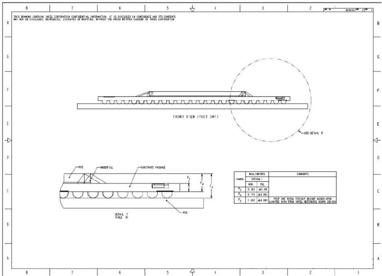 8 7 6 5 4 3 2 THIS DRAWING CONTAINS INTEL CORPORATION CONFIDENTIAL INFORMATION. IT IS DISCLOSED IN CONFIDENCE AND ITS CONTENTS MAT NOT BE DISCLOSED, REPRODUCED, STOPPLATED OR MOFFILED, WITHOUT THE PRIOR WRITER CONSENT OF INTEL CORPORATION. FRONT VIEW (POST SMT) SEE DETAIL F. INDIFILL SUBSTRATI PACKAGE DETAIL F SCALE 50 PCB H G F E D C B A 8 7 6 5 4 3 2 1 H G F E D C B A
