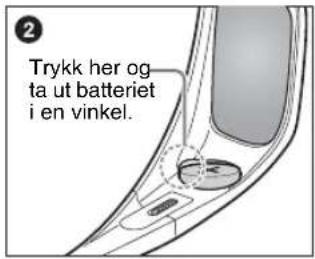 Trykk her og ta ut batteriet i en vinkel.