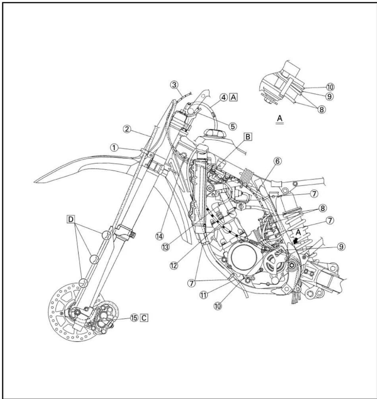 Technical diagram of a mechanical assembly with numbered components and labeled parts A, B, C, D