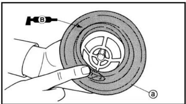 Technical diagram showing a hand using a tool to adjust a mechanical component, labeled with parts 'B' and 'a'