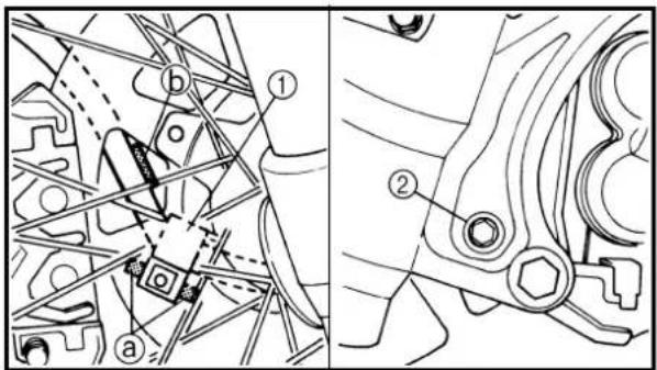 Technical diagram showing mechanical assembly with labeled parts (a, b) and numbered annotations