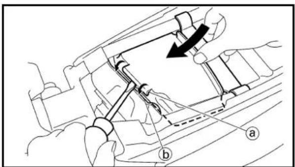 Technical diagram showing mechanical assembly with labeled parts (a) and directional arrow indicating motion or movement