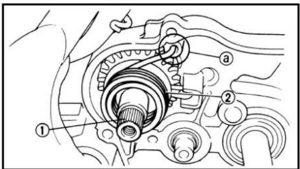 Technical diagram of a mechanical assembly with labeled parts ① and ②, showing gear and housing components.
