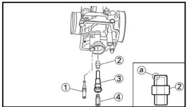 Technical diagram of a mechanical assembly with numbered components and an inset view labeled 'a'