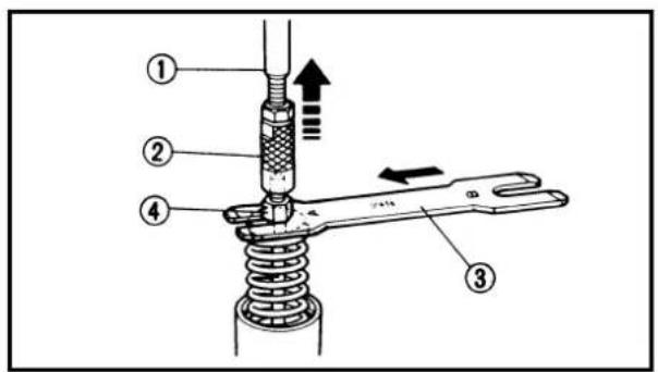 Technical diagram of a mechanical assembly with numbered components and directional arrows indicating motion or movement.