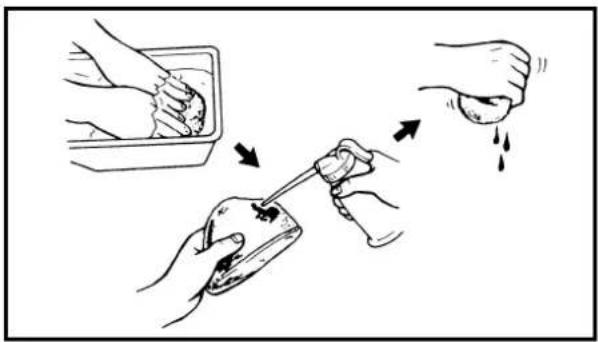Illustration showing a hand using a tool to clean or remove a substance, with an inset image of hands cleaning the container.