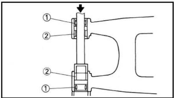 Technical diagram of a mechanical assembly with numbered components and directional arrow indicating motion or force