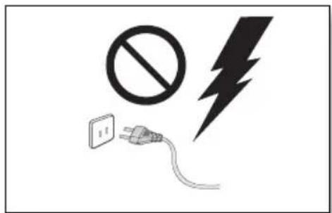 Safety warning symbols including a prohibition sign, a lightning bolt, and a plug with Chinese text.
