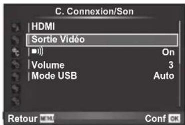 C. Connexion/Son HDMI Sortie Vidéo Volume On 3 Mode USB Auto Retour Conf OK