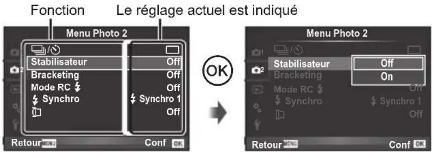 Fonction Le réglage actuel est indiqué Menu Photo 2 Stabilisateur Off Bracketing Off Mode RC Off Synchro Off Synchro 1 Off OK Menu Photo 2 Stabilisateur Off Bracketing On Mode RC Off Synchro Off Synchro 1 Off Retour Conf Conf