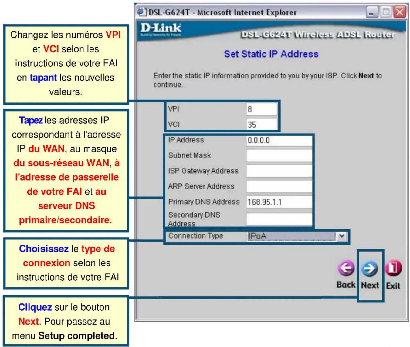 Changez les numéros VPI et VCI selon les instructions de votre FAI en tapant les nouvelles valeurs. Tapez les adresses IP correspondant à l'adresse IP du WAN, au masque du sous-réseau WAN, à l'adresse de passerelle de votre FAI et au serveur DNS primaire/secondaire. Choisissez le type de connexion selon les instructions de votre FAI Cliquez sur le bouton Next. Pour passez au menu Setup completed.