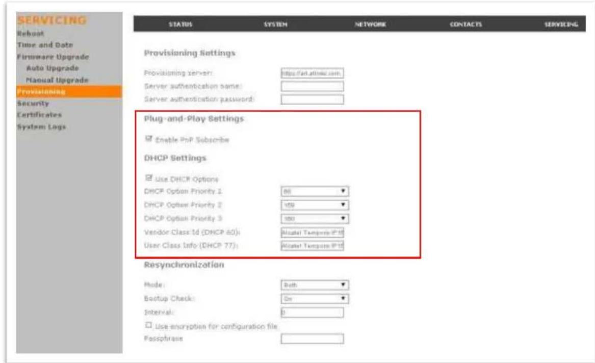 SERVICING Reboot Time and Date Firmware Upgrade Auto Upgrade Manual Upgrade Provisioning Security Certificates System Logs STATUS SYSTEM NETWORK CONTACTS SERVICING Provisioning Settings Provisioning servers: https://a1.40186.com/ Server authentication name: Server authentication password: Plug-and-Play Settings Enable PhP Subscribe DHCP Settings Use DHCP Options DHCP Option Priority 1 88 DHCP Option Priority 2 159 DHCP Option Priority 3 100 Vendor Class Id (DHCP 60): Miolet Tempote IP 10 User Class Info (DHCP 77): Miolet Tempote IP 10 Resynchronization Mode: Both Bootup Check: On Interval: 0 Use encryption for configuration file Passphrase: