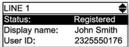 LINE 1 Status: Registered Display name: John Smith User ID: 2325550176
