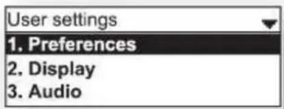 User settings 1. Preferences 2. Display 3. Audio