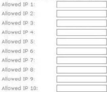 Allowed IP 1: Allowed IP 2: Allowed IP 3: Allowed IP 4: Allowed IP 5: Allowed IP 6: Allowed IP 7: Allowed IP 8: Allowed IP 9: Allowed IP 10: