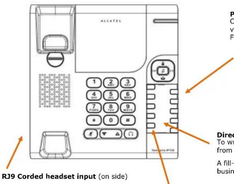 ALCATEL 1 2 3 ABC DEF 4 5 6 GNC JRC MHD 7 8 9 PUBS TUV WEXT * 0 # f ▼ ▲ ○ Tangris IP100 Direct To wr from A fill- busin RJ9 Corded headset input (on side)
