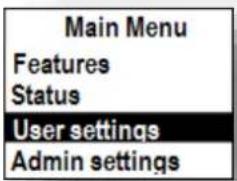 Main Menu Features Status User settings Admin settings