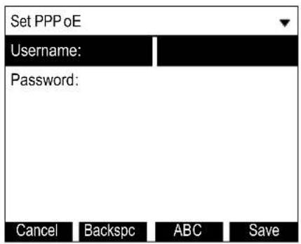 Set PPP oE Username: Password: Cancel Backspc ABC Save