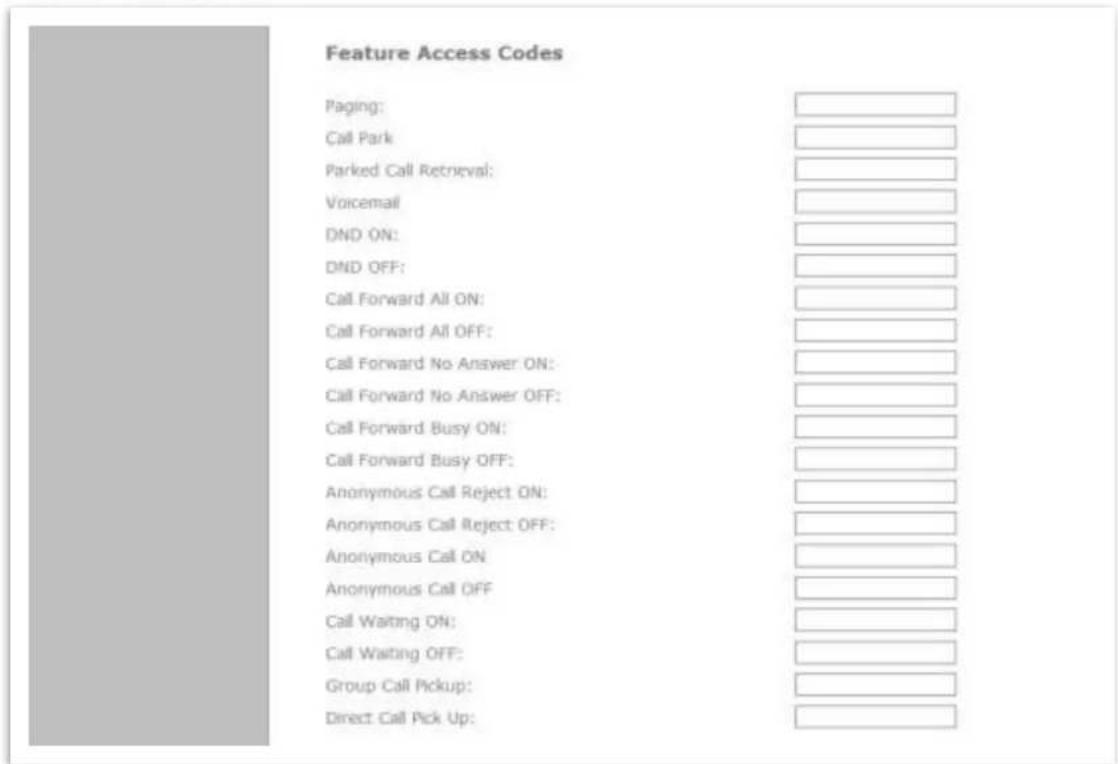 Feature Access Codes Paging: Call Park Parked Call Retrieval: Voicemail DND ON: DND OFF: Call Forward All ON: Call Forward All OFF: Call Forward No Answer ON: Call Forward No Answer OFF: Call Forward Busy ON: Call Forward Busy OFF: Anonymous Call Reject ON: Anonymous Call Reject OFF: Anonymous Call ON: Anonymous Call OFF: Call Waiting ON: Call Waiting OFF: Group Call Pickup: Direct Call Pick Up: