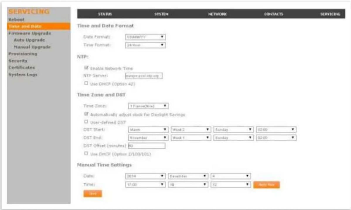 SERVICING Reboot Time and Date Firmware Upgrade Auto Upgrade Manual Upgrade Provisioning Security Certificates System Logs STATUS SYSTEM NETWORK CONTACTS SERVICING Time and Date Format Date Format: 10/08/07 Time Format: 24 Hour NTP: Enable Network Time NTP Server: Byzepool.http.org Use DHCP (Option 42) Time Zone and DST Time Zones: 1 Frame(Note) Automatically adjust clock for Daylight Savings User-defined DST DST Start: March Week 2 Sunday 8:00 DST End: November Week 1 Sunday 8:00 DST Offset (minutes) 80 Use OmCP (Option 2/100/101) Manual Time Settings Date: 2014 December 8 Time: 17:00 19 12 Auto Now