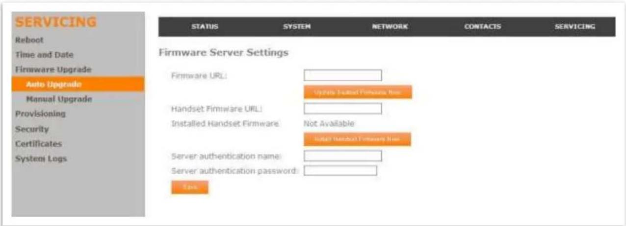 SERVICING Reboot Time and Date Firmware Upgrade Auto Upgrade Manual Upgrade Provisioning Security Certificates Systemi Logs STATUS SYSTEM NETWORK CONTACTS SERVICING Firmware Server Settings Firmware URL: Update Installed Firmware Now Handset Firmware URL: Installed Handset Firmware Not Available Install Handset Firmware Now Server authentication name: Server authentication password: Free: