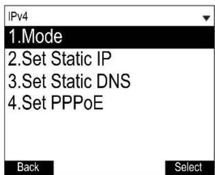 IPv4 1.Mode 2.Set Static IP 3.Set Static DNS 4.Set PPPoE Back Select