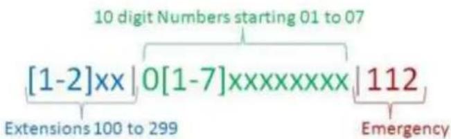 10 digit Numbers starting 01 to 07 [1-2]xx | 0[1-7]xxxxxxxxx | 112 Extensions 100 to 299 Emergency