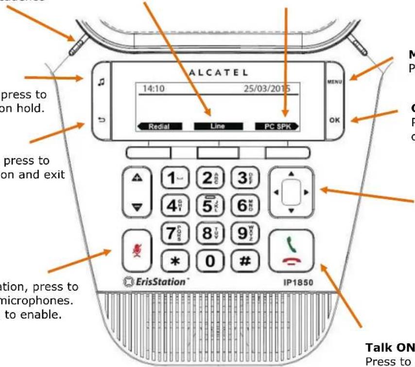 ALCATEL 14:10 25/03/2015 MENU OK Press to on hold. Press to on and exit ation, press to microphones. to enable. ErisStation® IP1850 Talk ON Press to