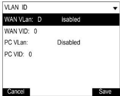 VLAN ID WAN VLan: D isabled WAN VID: 0 PC VLan: Disabled PC VID: 0 Cancel Save