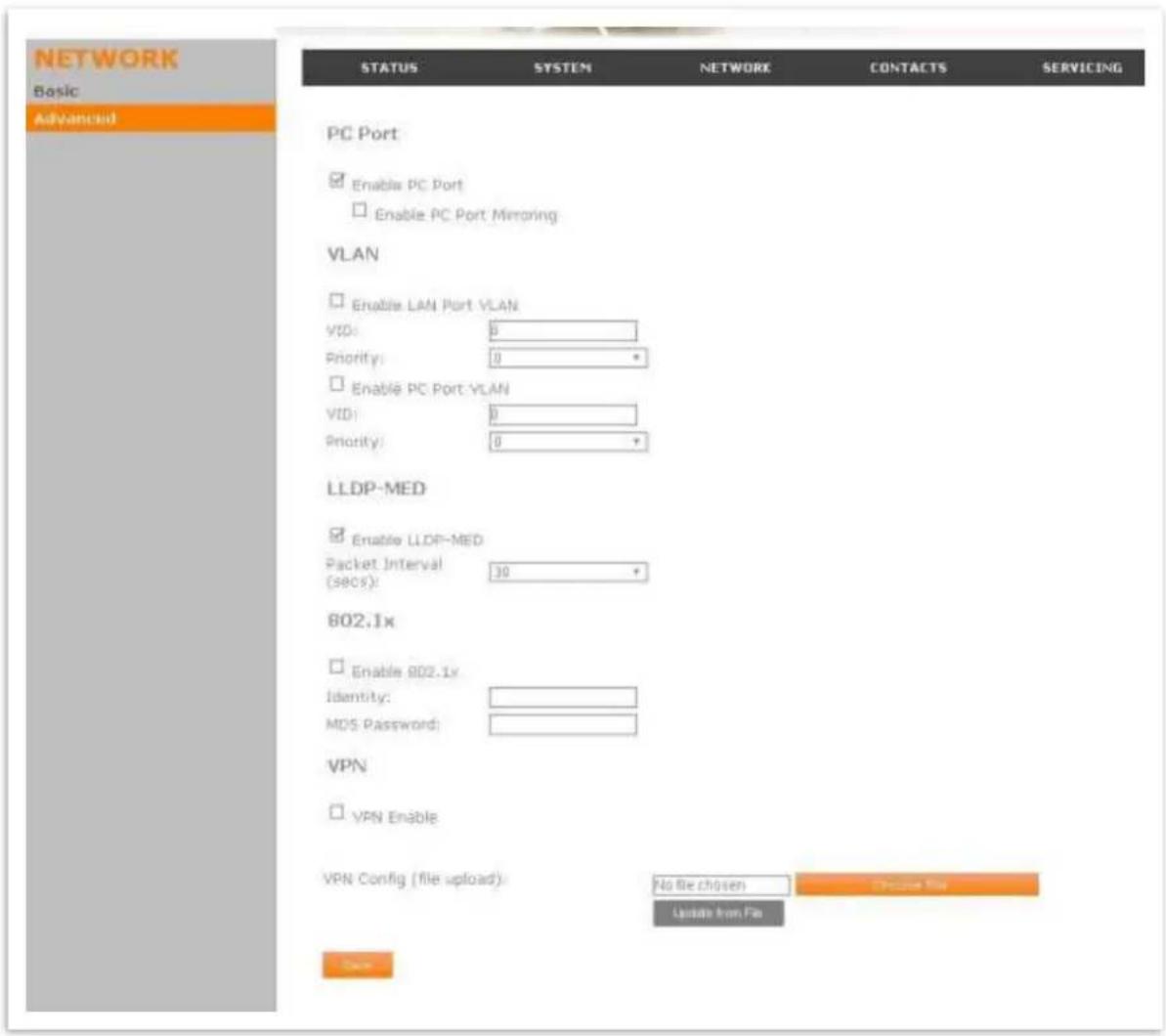 NETWORK Basic Advanced STATUS SYSTEM NETWORK CONTACTS SERVICING PC Port Enable PC Port Enable PC Port Mirroring VLAN Enable LAN Port VLAN VID: 0 Priority: 0 Enable PC Port VLAN VID: 0 Priority: 0 LLDP-MED Enable LLDP-MED Packet Interval (secs): 30 802.1x Enable 802.1x Identity: MOS Password: VPN VPN Enable VPN Config (file upload): No file chosen Cancel File Update from File Save