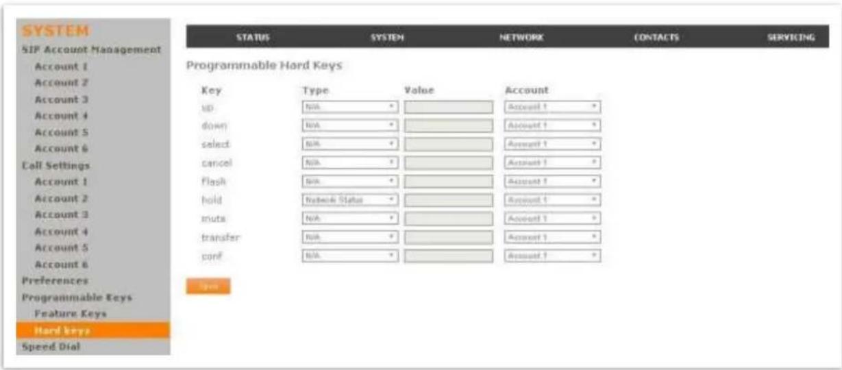 SYSTEM SIP Account Management Account 1 Account 2 Account 3 Account 4 Account 5 Account 6 Call Settings Account 1 Account 2 Account 3 Account 4 Account 5 Account 6 Preferences Programmable Keys Feature Keys Hard keys Speed Dial PROGRAMMABLE Hard Keys Key Type Value Account up:%s * down:%s * select:%s * cancel:%s * Flash:%s * hold:%s Network Status * muts:%s * transfer:%s * conf:%s * Type NETWORK CONTACTS SERVETING