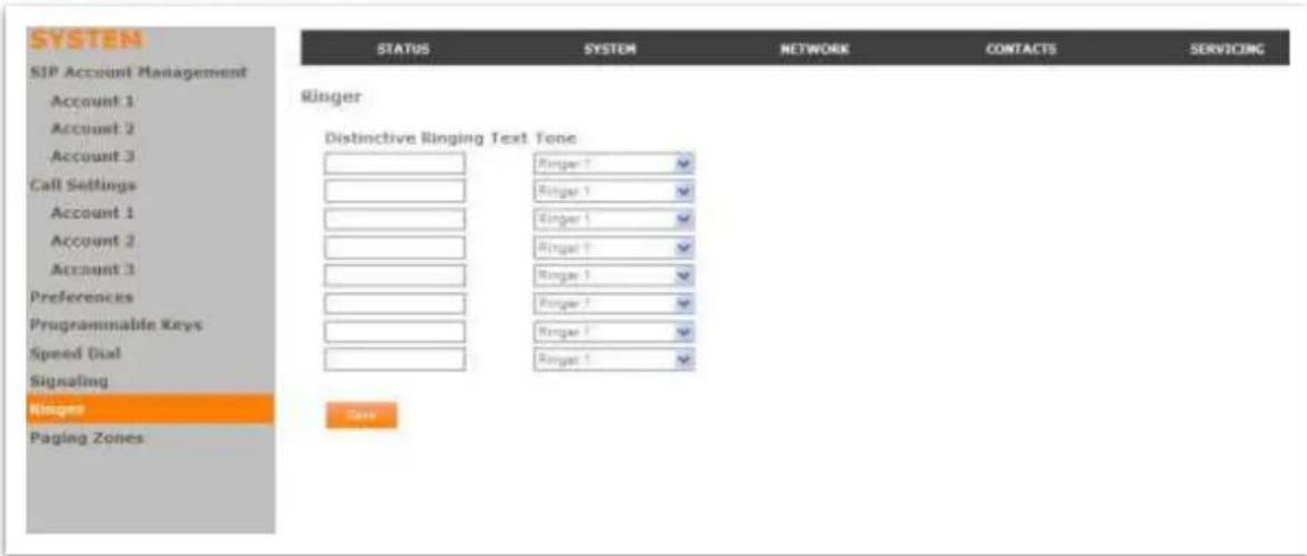 SYSTEM SIP Account Management Account 1 Account 2 Account 3 Call Settings Account 1 Account 2 Account 3 Preferences Programmable Keys Speed Dial Signaling Ringer Paging Zones STATUS SYSTEM NETWORK CONTACTS SERVICING Ringer Distinctive Ringing Text Tone Ringer 1 Ringer 2 Ringer 3 Ringer 4 Ringer 5 Ringer 6 Ringer 7 Ringer 8 Ringer 9 Ringer 10 Case