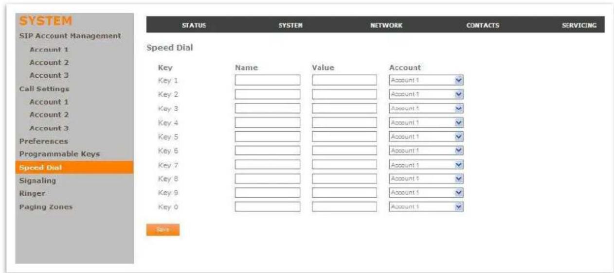 SYSTEM SIP Account Management Account 1 Account 2 Account 3 Call Settings Account 1 Account 2 Account 3 Preferences Programmable Keys Speed Dial Signaling Ringer Paging Zones STATUS SYSTEM NETWORK CONTACTS SERVICING Speed Dial Key Name Value Account Key 1 Key 2 Key 3 Key 4 Key 5 Key 6 Key 7 Key 8 Key 9 Key 0 Value Account 1 ✓ Account 1 ✓ Account 1 ✓ Account 1 ✓ Account 1 ✓ Account 1 ✓ Account 1 ✓ Account 1 ✓ Account 1 ✓ Account 1 ✓ Account 1 ✓ Account 1 ✓ Account 1 ✓ Account 1 ✓ Account 1 ✓ Account 1 ✓ Account 1 ✓ Account 1 ✓ Account 1 ✓ Account 1 ✓ Account 1 ✓