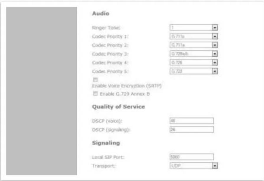 Audio Ringer Tone: 1 Codec Priority 1: G.711a Codec Priority 2: G.711a Codec Priority 3: G.725ab Codec Priority 4: G.726 Codec Priority 5: G.722 Enable Voice Encryption (SRTP) Enable G.729 Annex B Quality of Service DSCP (voice): 46 DSCP (signaling): 26 Signaling Local SIP Port: 5060 Transport: UDP