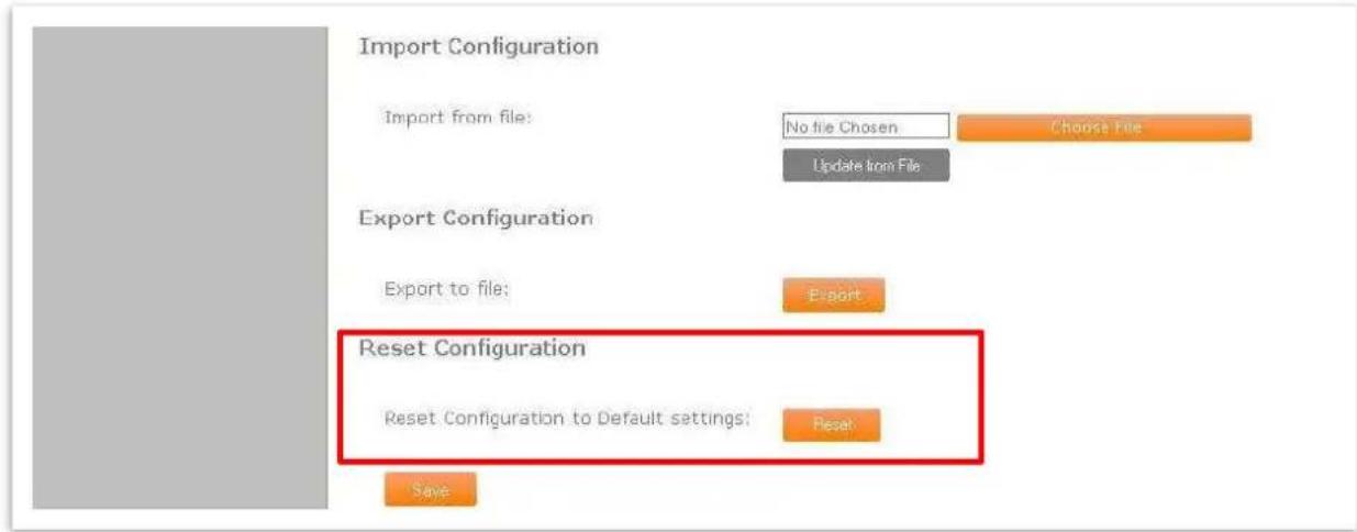 Import Configuration Import from file: No file Chosen Choose File Update from File Export Configuration Export to file: Export Reset Configuration Reset Configuration to Default settings: Reset Save