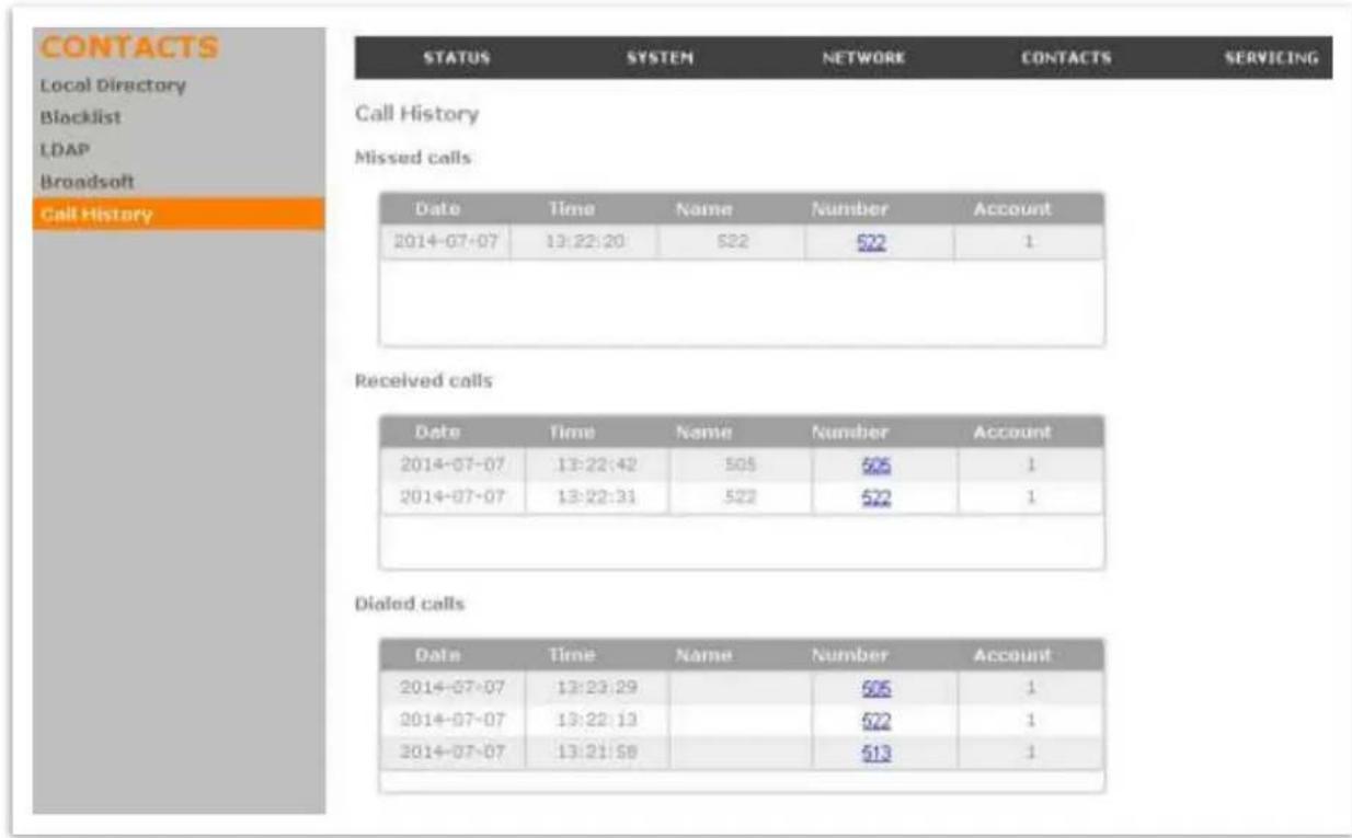 CONTACTS Local Directory Blacklist LDAP Broadsoft Call History Call History Missed calls Date Time Name Number Account 2014-07-07 13:22:20 2222 1 Received calls Date Time Name Number Account 2014-07-07 13:22:42 505 $05 1 2014-07-07 13:22:31 522 $22 1 Dialed calls Date Time Name Number Account 2014-07-07 13:23:29 505 1 2014-07-07 13:22:13 522 1 2014-07-07 13:21:58 $13 1