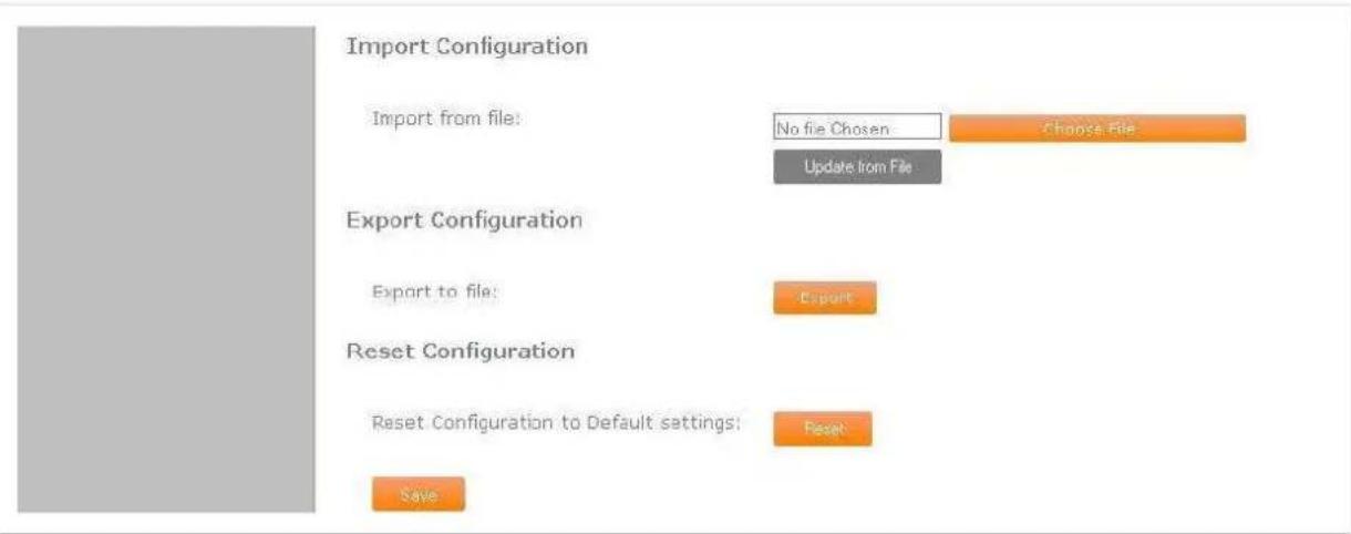 Import Configuration Import from file: No file Chosen Choose File Update from File Export Configuration Export to file: Export Reset Configuration Reset Configuration to Default settings: Reset Save