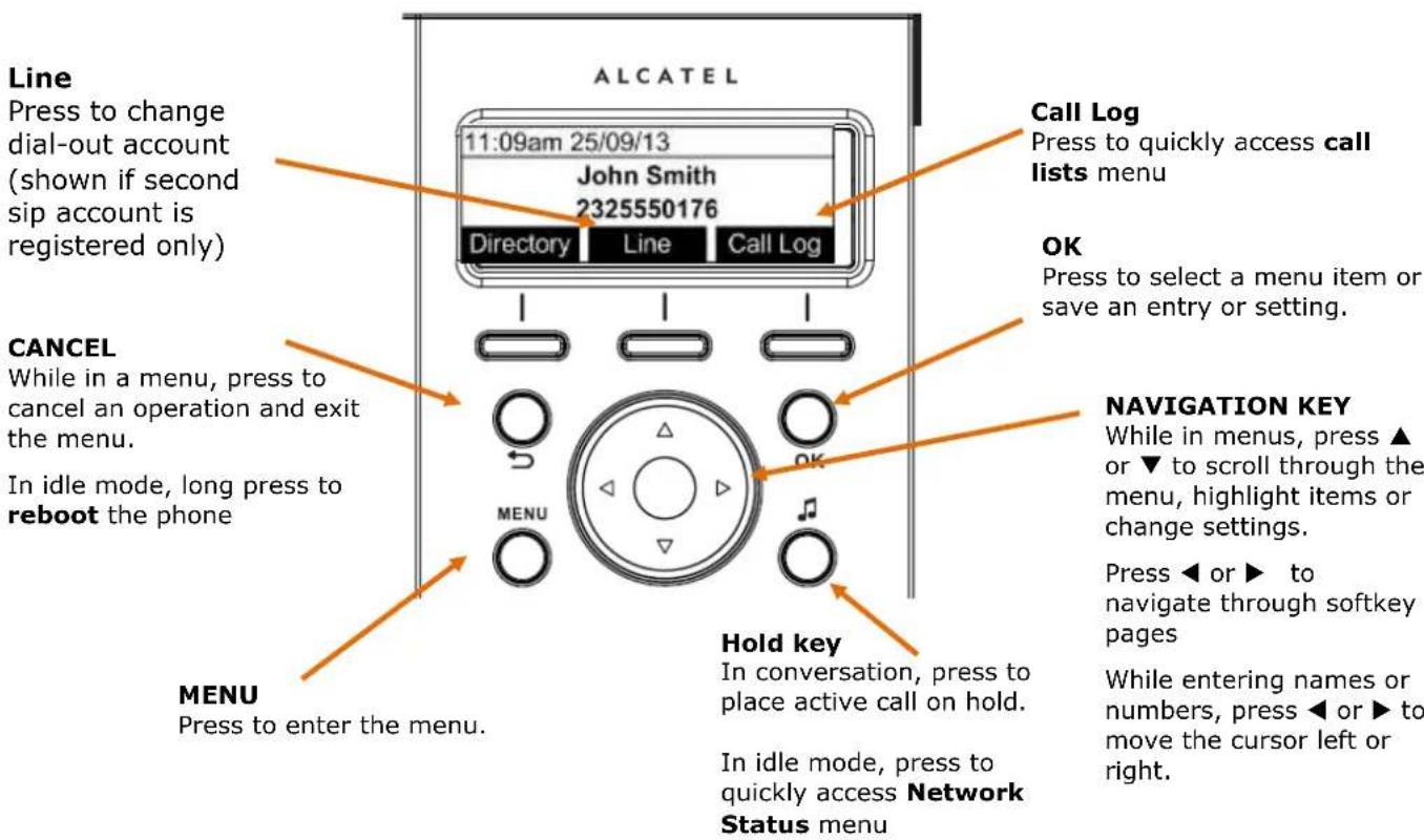 Line Press to change dial-out account (shown if second sip account is registered only) ALCATEL 11:09am 25/09/13 John Smith 2325550176 Directory Line Call Log Call Log Press to quickly access call lists menu OK Press to select a menu item or save an entry or setting. CANCEL While in a menu, press to cancel an operation and exit the menu. In idle mode, long press to reboot the phone MENU Press to enter the menu. OK MENU Hold key In conversation, press to place active call on hold. In idle mode, press to quickly access Network Status menu NAVIGATION KEY While in menus, press ▲ or ▼ to scroll through the menu, highlight items or change settings. Press ◀ or ▶ to navigate through softkey pages While entering names or numbers, press ◀ or ▶ to move the cursor left or right.