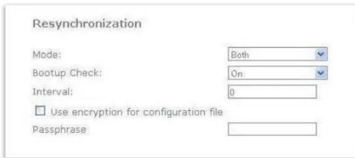 Resynchronization Mode: Both Bootup Check: On Interval: 0 Use encryption for configuration file Passphrase