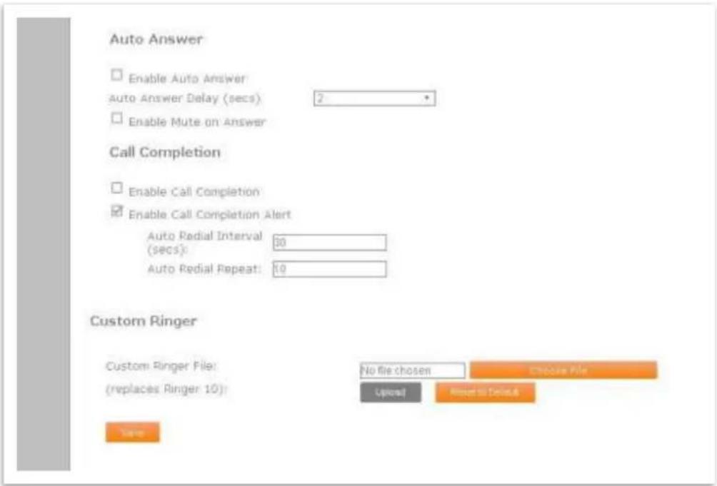 Auto Answer Enable Auto Answer Auto Answer Delay (secs) 2 Enable Mute on Answer Call Completion Enable Call Completion Enable Call Completion Alert Auto Radial Interval (secs): 30 Auto Radial Repeat: 10 Custom Ringer Custom Ringer File: (replaces Ringer 10): No file chosen Choose File Upset Reset to Delete Date