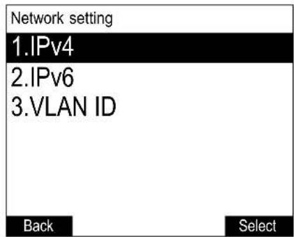 Network setting 1.IPv4 2.IPv6 3.VLAN ID Back Select